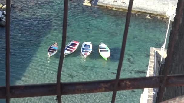 Naples Fishing Boats Small Port Santa Lucia Seen Ovo Castle — Stock Video