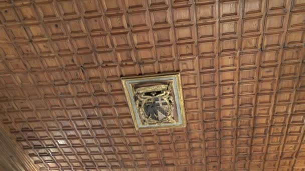 イタリア バジリカータ 2017 Melfese 考古学博物館の座席 メルフィ城 インテリアの客室で象眼細工の木製の天井 — ストック動画