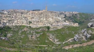 İtalya, Matera, Matera, taşlar UNESCO tarafından şehir panoraması. Hızlı hareket