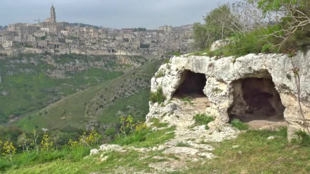 Matera Kövek Matera Olaszország Unesco Helyén Panoráma Ősi Barlangok Városok — Stock videók