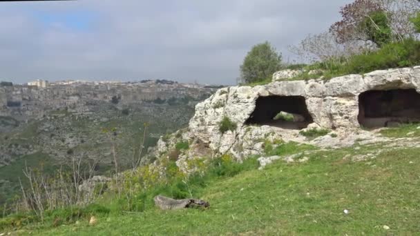 イタリア マテーラ マテーラの石 ユネスコのサイト 古代の洞窟と都市のパノラマ — ストック動画