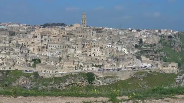 Italië Matera Stenen Van Matera Unesco Site Panorama Van Stad — Stockvideo