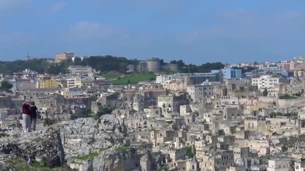 Italië Matera Stenen Van Matera Unesco Site Panorama Van Stad — Stockvideo