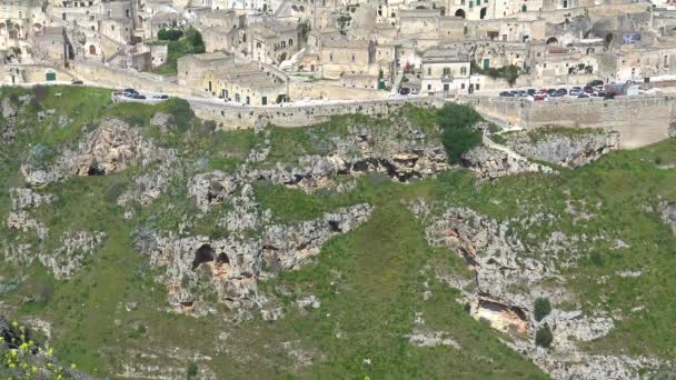 Itália Matera Pedras Matera Local Unesco Panorama Cidade Movimento Rápido — Vídeo de Stock