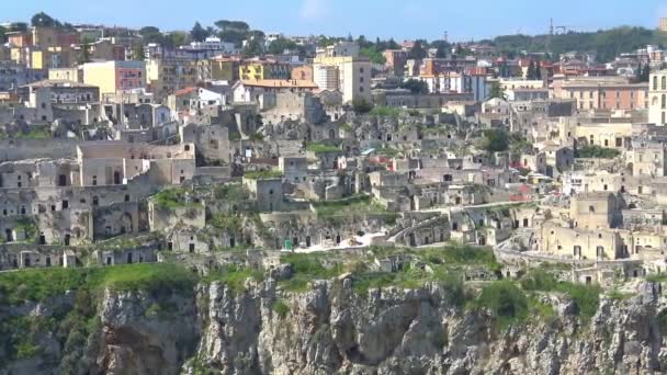 Italië Matera Stenen Van Matera Unesco Site Panorama Van Stad — Stockvideo