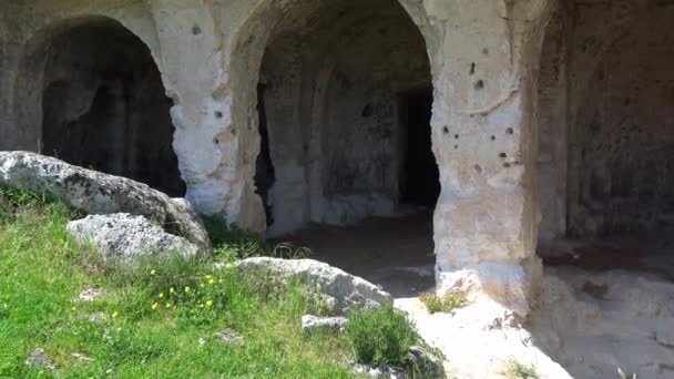 Matera Kövek Matera Unesco Helyén Panoráma Rock Barlangok Olaszország Nagyítás — Stock videók