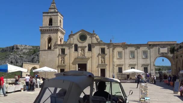 Itália Matera Pedras Matera Site Unesco Turistas Piazza San Pietro — Vídeo de Stock