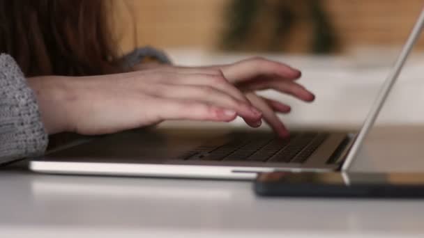 Close up of hands of hipster girl working on the laptop at the garden terrace — Stock Video