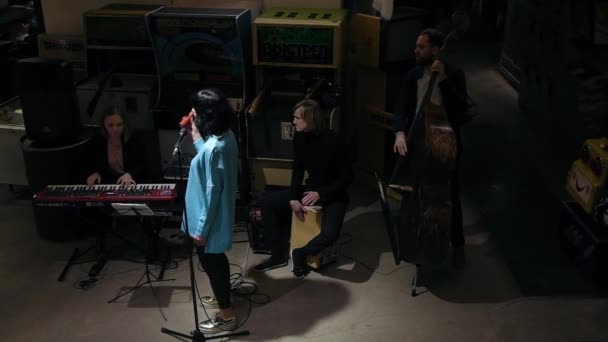 Daleki strzał jazzmanów wykonujących muzykę na żywo w przytulnym Loft Place — Wideo stockowe