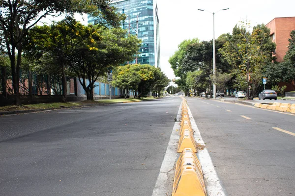 哥伦比亚波哥大第十一大道 在一条名为 Cicloruta 的自行车道旁边的车道上 有树木和建筑物作为背景 — 图库照片