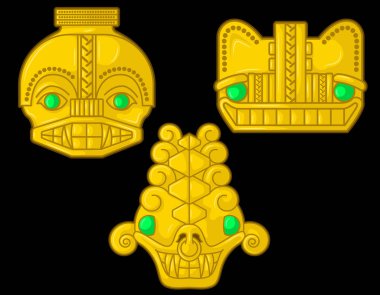 Eski Kolombiya altın hayvan kafaları zümrütleri olan Latin kökenli yerli kültürlerin siyah arka planda Vector Illustration seti. (Günah, Tairona, Musca, Tolma, Quimbaya, Calima)