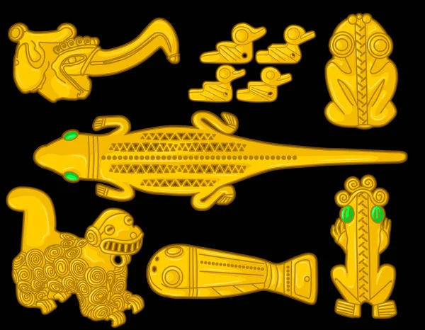 Древние Колумбийские Золотые Головы Животных Некоторых Доиспанских Коренных Культур Изумрудами — стоковый вектор
