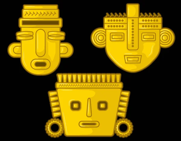 Latin kökenli bazı yerli kültürlerin antik Kolombiya altın kafaları, Vector Illustration Set in black background. (Sin, Tairona, Musca, Tolma, Quimbaya, Calima, San Agustn, Tierradentro)