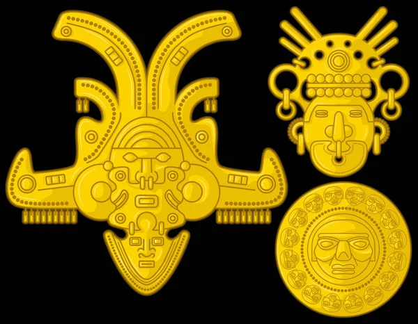 Latin kökenli bazı yerli kültürlerin antik Kolombiya altın kafaları, Vector Illustration Set in black background. (Sin, Tairona, Musca, Tolma, Quimbaya, Calima, San Agustn, Tierradentro)