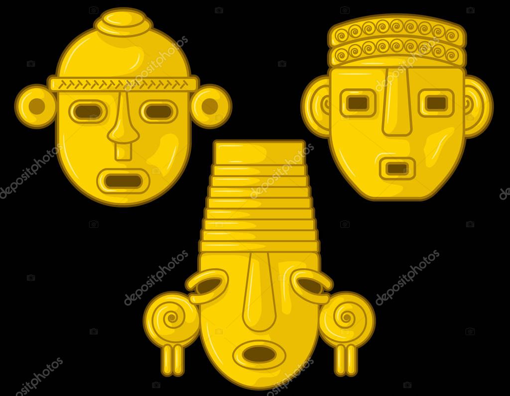 Ancient Colombian golden heads of some pre hispanic native cultures,Vector Illustration Set in black background. (Sin, Tairona, Musca, Tolma, Quimbaya, Calima, San Agustn, Tierradentro) - Vector