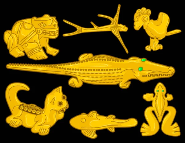Eski Kolombiya Altın Hayvan Kafaları Zümrütleri Olan Latin Kökenli Yerli — Stok Vektör