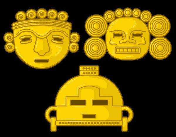 Ősi Kolumbiai Aranyfejek Néhány Spanyol Őslakos Kultúrából Vektorillusztráció Fekete Háttérben — Stock Vector