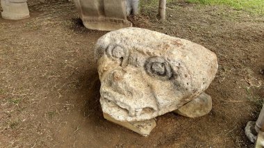 Antropo-zoomorfik bir kafa olan Kolombiya San Agustin arkeoloji parkının antik heykeline yakın. Antik kolomb öncesi kültür. 