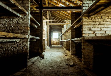 Auschwitz 'deki kışlada beton yataklar. Birkenau kurbanları Nazi toplama kampı. 