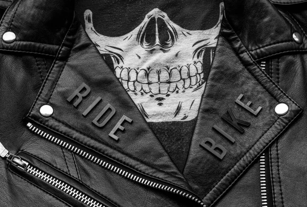 Closeup Ride Bike Lettering Biker Leather Jacket Skull Kerchief Motorcycle — Stock Photo, Image