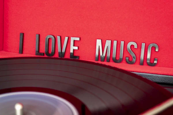 Close Love Music Lettering Red Background Vinyl Giradischi Concetto Amanti — Foto Stock