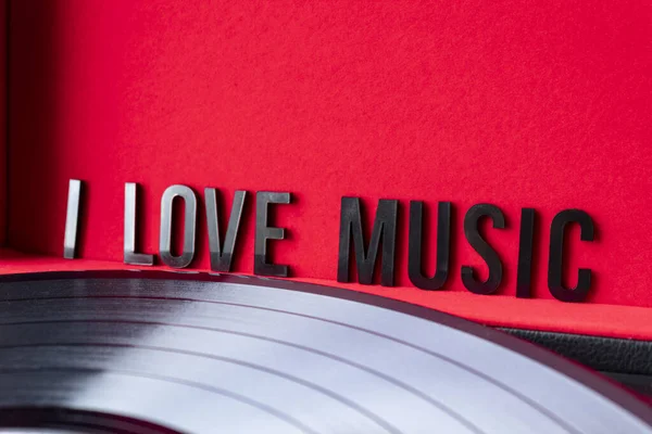 Close Love Music Lettering Red Background Vinyl Giradischi Concetto Amanti — Foto Stock