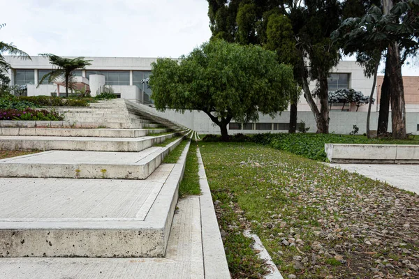 Schema Geometrico Una Moderna Scala Bianca Con Giardini Verdi Alberi — Foto Stock