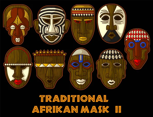 Stuning Máscara Africana Antigua Tradicional Vector Illustration Set Número Dos — Archivo Imágenes Vectoriales