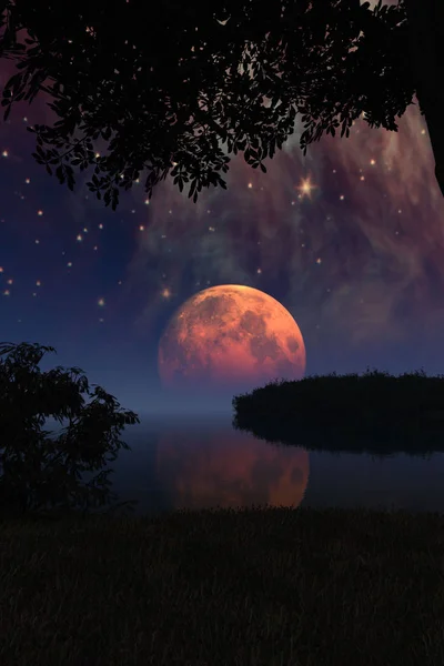 Large Moon with Reflection in Water and Stars in Night Sky — Stock Photo, Image
