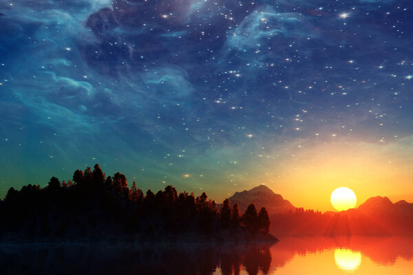 Landscape under the Milky way. Elements of this image furnished by NASA. 3D Illustration