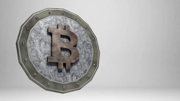 회색 배경에 Bitcoin 대리석 동전 — 스톡 사진