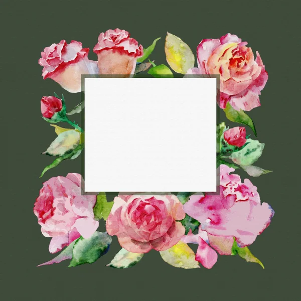 花でグリーティングカード グリーティングカードのテンプレート 濃い緑色の背景に水彩のバラの組成物 ロイヤリティフリーのストック写真