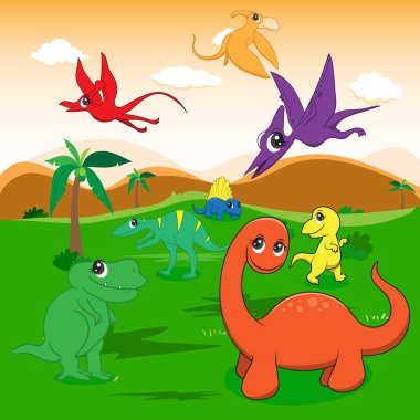 sevimli dinozor illüstrasyon karikatür Eps10 dosya basit Gradien