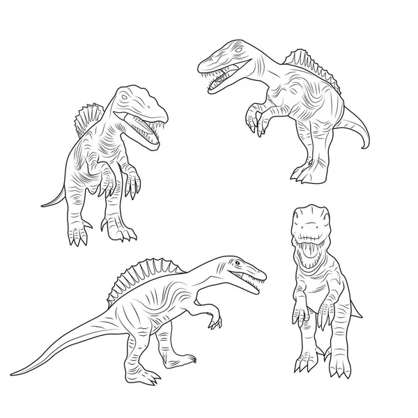 Beyaz zemin üzerinde çizgi-sanat olan dinozor karikatür çiziminin vektör illüstrasyonu, 