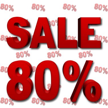 Hisse senedi illüstrasyon - kapalı yüzde 80'i, kırmızı satış, kırmızı sayılar, 3d, beyaz arka plan karşı izole.