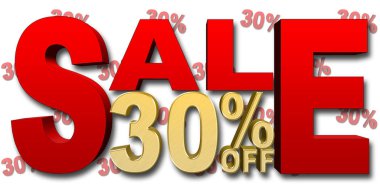 Hisse senedi illüstrasyon - 30 yüzde indirim, satış, kırmızı metin, Golden numaraları, 3d resim, beyaz arka plan.