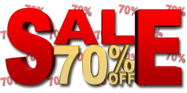 Hisse senedi illüstrasyon - 70 yüzde indirim, satış, kırmızı metin, Golden numaraları, 3d resim, beyaz arka plan.