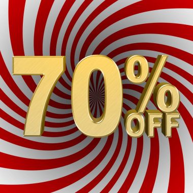 Hisse senedi illüstrasyon - 70 yüzde indirim, satış, Golden numaraları, 3d çizim, kırmızı ve beyaz dön arka plan.