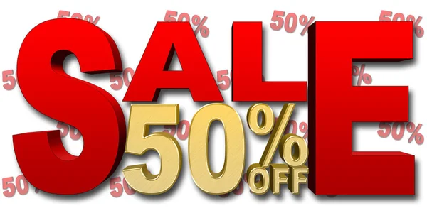 Stock Illustration - 50 Percent Off, Sale, Red Text, Golden numbers, 3D Illustration, White Background. — Stock Photo, Image