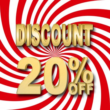 Hisse senedi illüstrasyon - altın yüzde 20'si kapalı, altın indirim, kırmızı ve beyaz arka plan, 3d çizim.