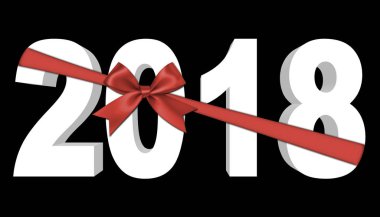 Hisse senedi illüstrasyon - kırmızı yay ve şerit, beyaz 2018, 3d resim, siyah arka plan.