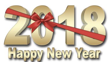 Hisse senedi illüstrasyon - kırmızı yay ve şerit, altın mutlu yeni yıl 2018, 3d resim, beyaz arka plan.
