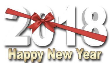 Hisse senedi illüstrasyon - kırmızı yay ve şerit, altın mutlu yeni yıl 2018, 3d resim, beyaz arka plan.