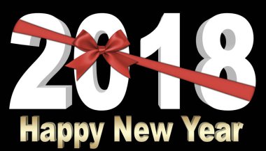 Stok illüstrasyon - kırmızı yay ve şerit, altın Happy New Year, beyaz 2018, 3d resim, siyah arka plan.