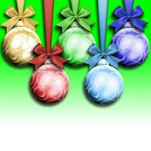 Stock Illustratie - lege kopie ruimte, gekleurde Kerst ornamenten, 3d illustratie, groene Gradient achtergrond. — Stockfoto