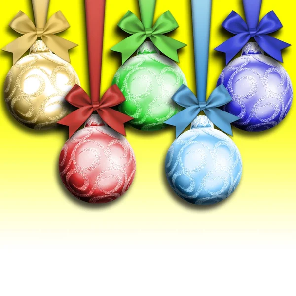 Stock Illustratie - lege kopie ruimte, gekleurde Kerst ornamenten, 3d illustratie, gele Gradient achtergrond. — Stockfoto