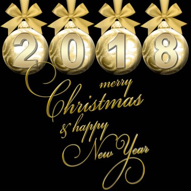 İllüstrasyon - altın Merry Christmas mutlu yeni yıl, 2018, stok 3d çizim, siyah arka plan.