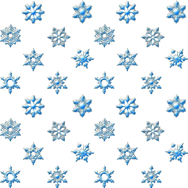 Illustrazione stock - Senza soluzione di continuità, Fiocchi di neve blu ghiaccio, Illustrazione 3D, sfondo bianco . — Foto Stock