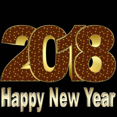 İllüstrasyon - altın mutlu yeni yıl, 2018, stok 3d çizim, siyah arka plan.