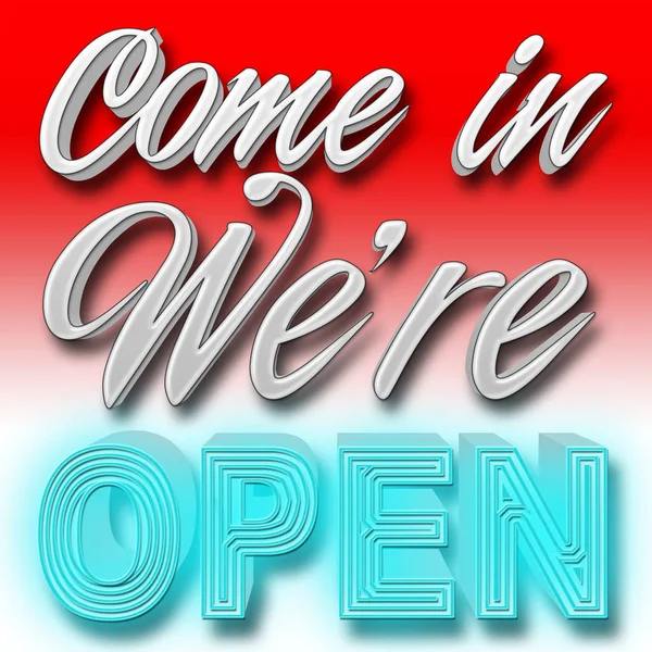 Stock Illustration - Come in Were OPEN, Neon Blue: OPEN, 3D Illustration, Red Background. — Stock Photo, Image